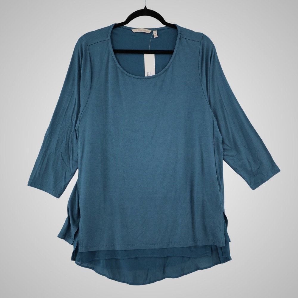 Soft Surroundings Layered Hem Knit Top Womens XL Blue 3/4 Sleeve Casual Boho NWT